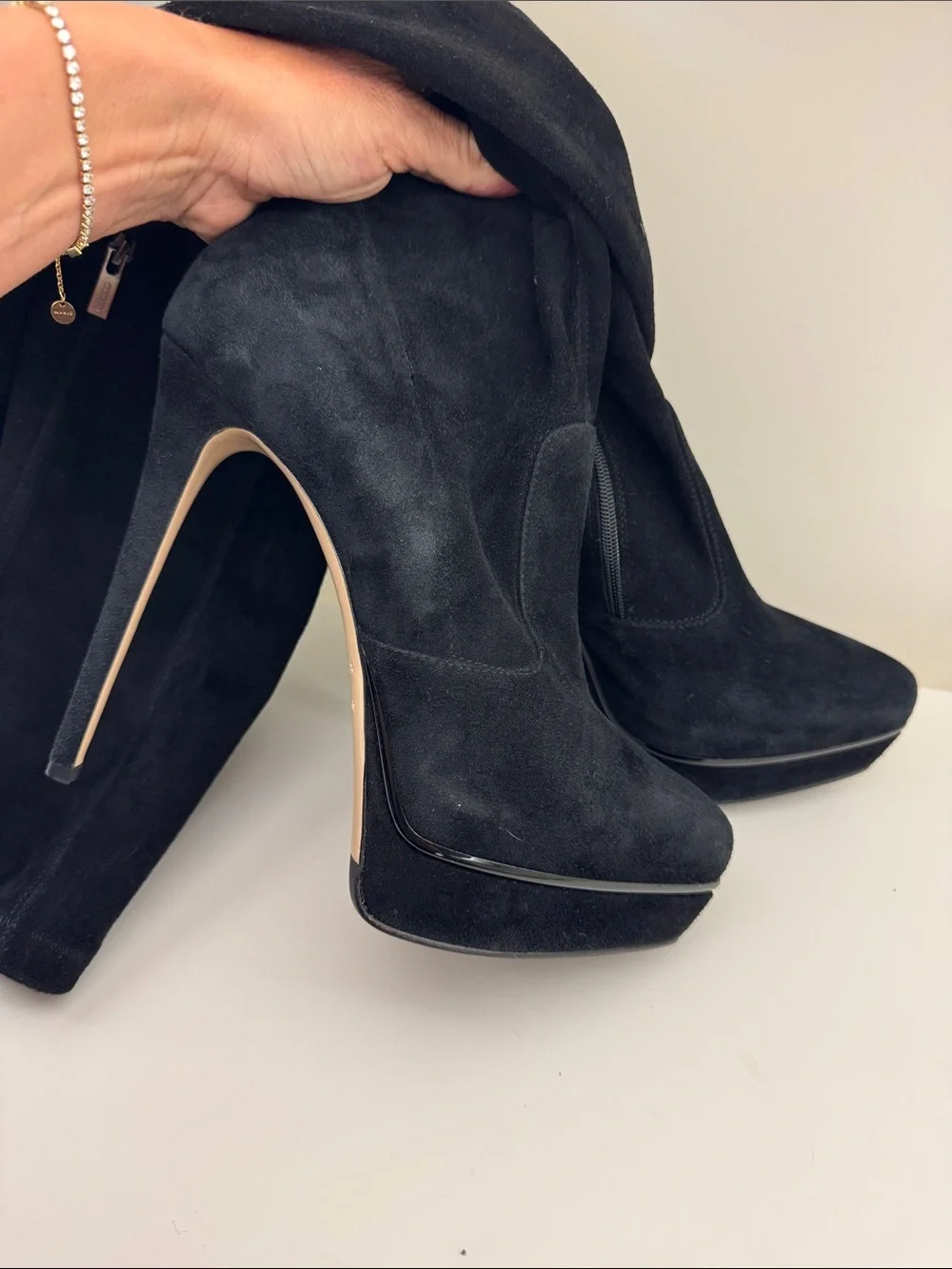 Black Suede Over-the-Knee Stiletto Boot with Platform — Women